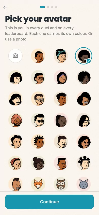 Onboarding screen: pick your avatar from a grid of illustrated portraits.
