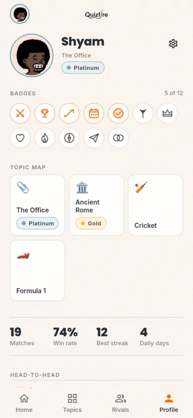 Profile screen: avatar, badges, a topic map with tiers, and match statistics.